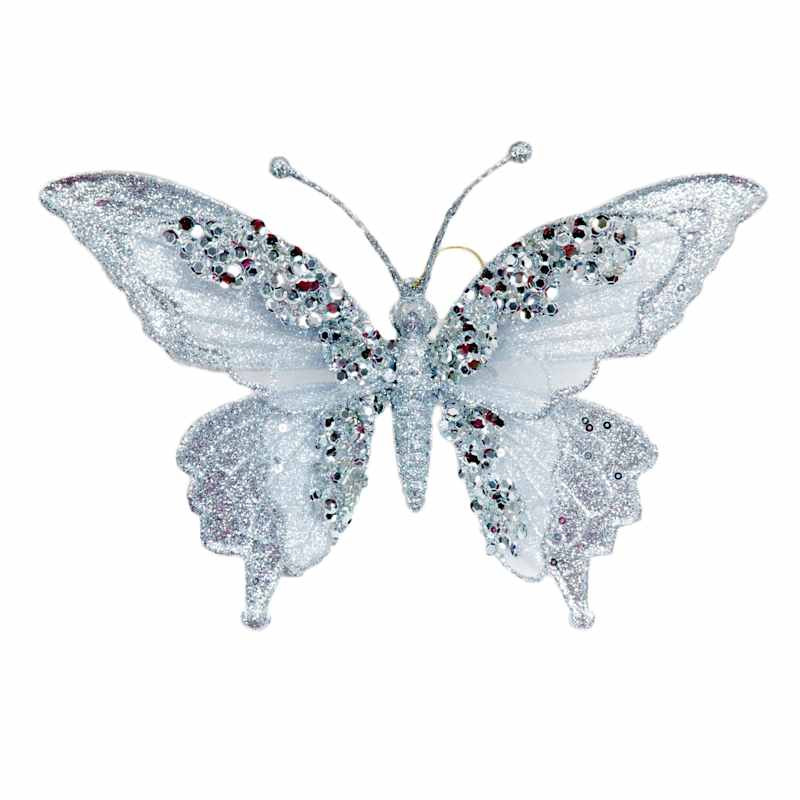 Providence Blue Silver Glittered Butterfly Clip Ornament, 6.7" | At Home