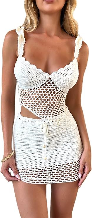 Women Crochet Knitted Skirts Set Hollow Out Lace up Swimsuit Cover Ups 2Pcs Knitted Outfits Set S... | Amazon (US)