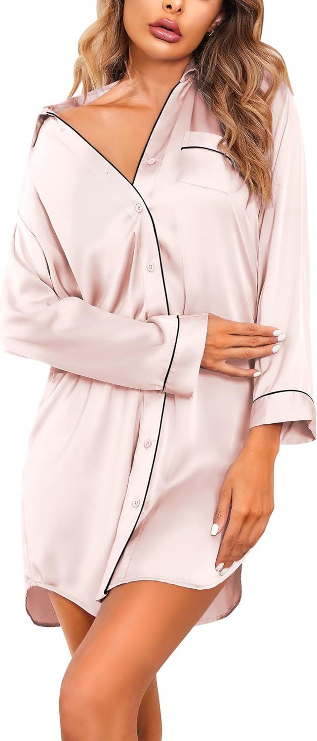 Ekouaer Women's Satin Nightgowns Silk Sleepshirt Button Down Sleep Dress Long Sleeve & 3/4 Sleeve... | Amazon (CA)