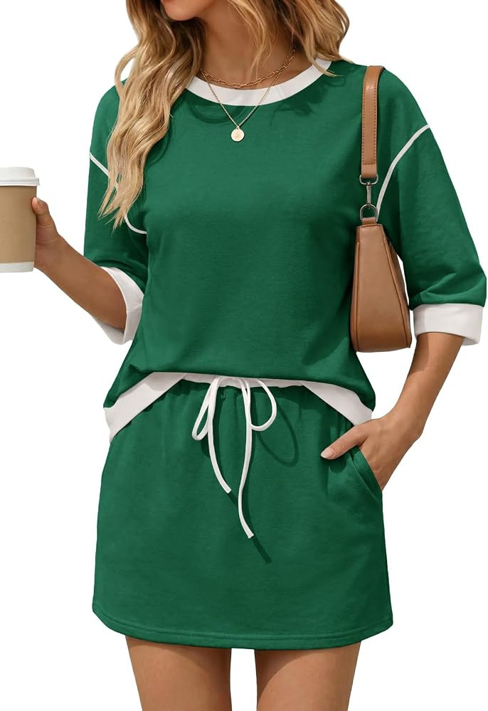 Tankaneo Womens Skirt Set 2 Piece Outfits Casual Sweatshirt Skort Set 3/4 Sleeve Color Block Matc... | Amazon (US)