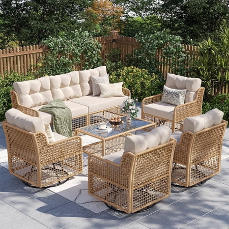 ELPOSUN 7-Seat Outdoor Patio Furniture Set, Wicker Rattan Outdoor Furniture Set with Swivel Chairs & All-Weather Thickened Cushions for Garden, Porch, Backyard, and Poolside, Beige | Walmart (US)