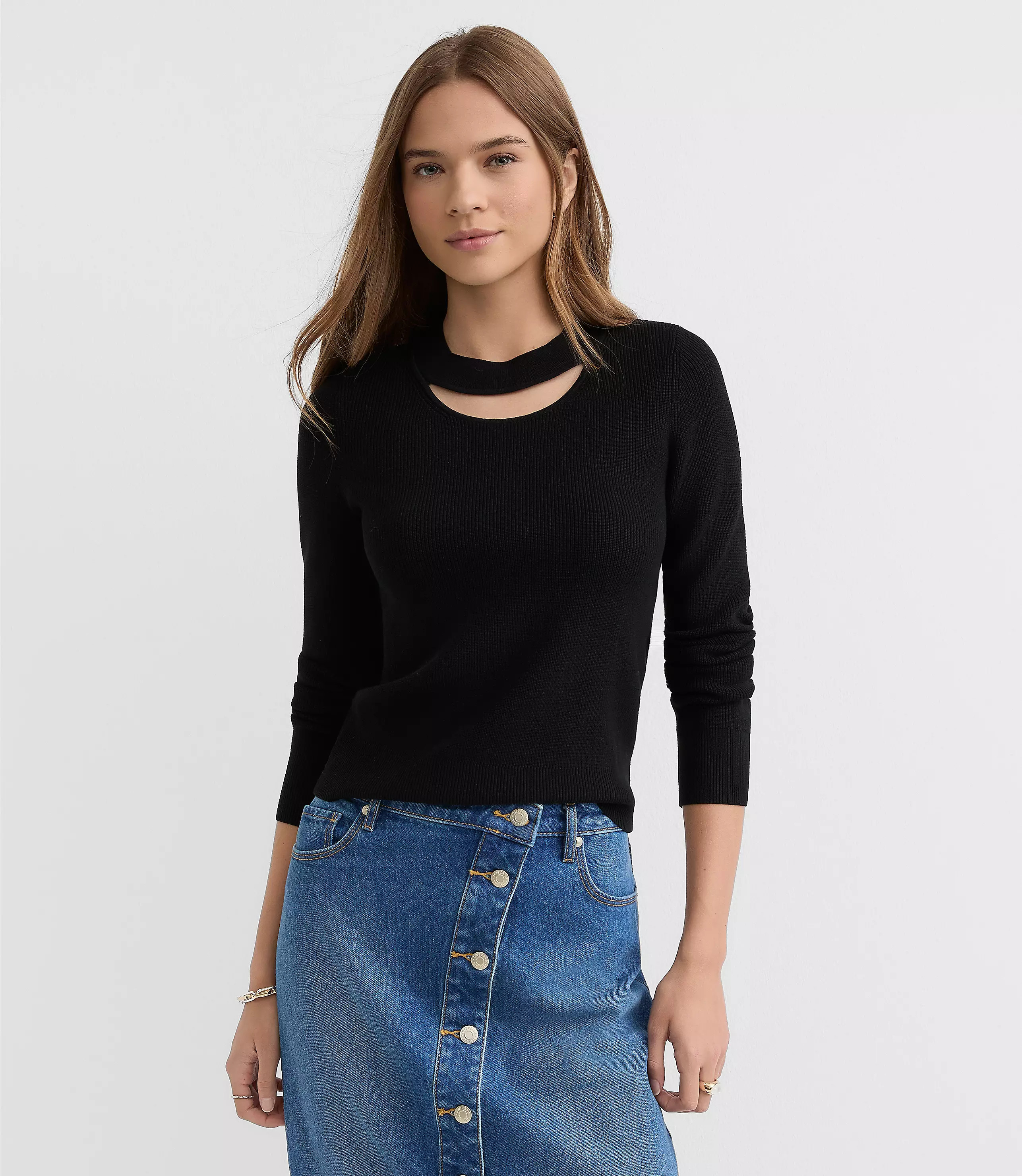 Ribbed Cutout Neck Sweater | LOFT