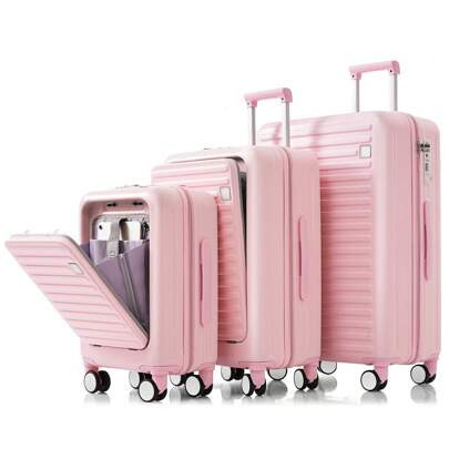 3-Piece Luggage Set With USB Port & Front Opening Design - Pink ABS Hard Shell Suitcases (20, 24, 28 Inches) | SHEIN