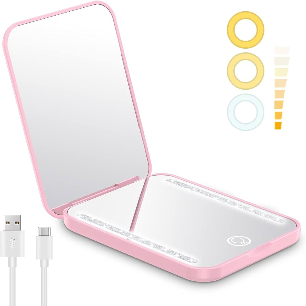 Benbilry Mini Compact Travel Makeup Mirror with Light, Rechargeable Pocket Mirror with 3 LED Dimm... | Amazon (US)
