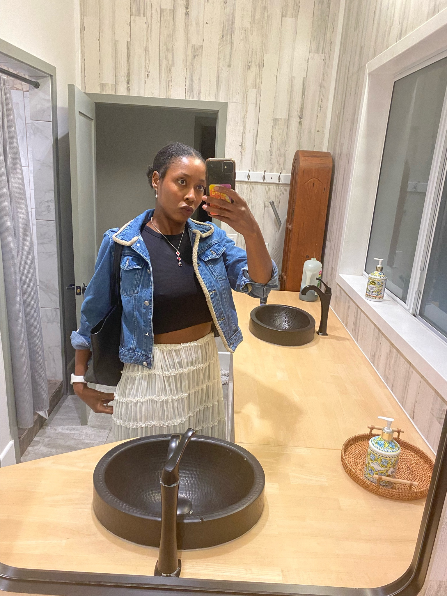 bathroom selfie slay! 🤍 jewelry @bypavoi @moonglowjewelry (code WELLNESSWITHLELE 🍒)
jacket @shopcider 
top @zara 
skirt @amazonfashion 
shoes @vans 

casual look, classic skirt, midi skirt, jean jacket, tank top, cider, zara 

#LTKStyleTip #LTKParties #LTKBeauty