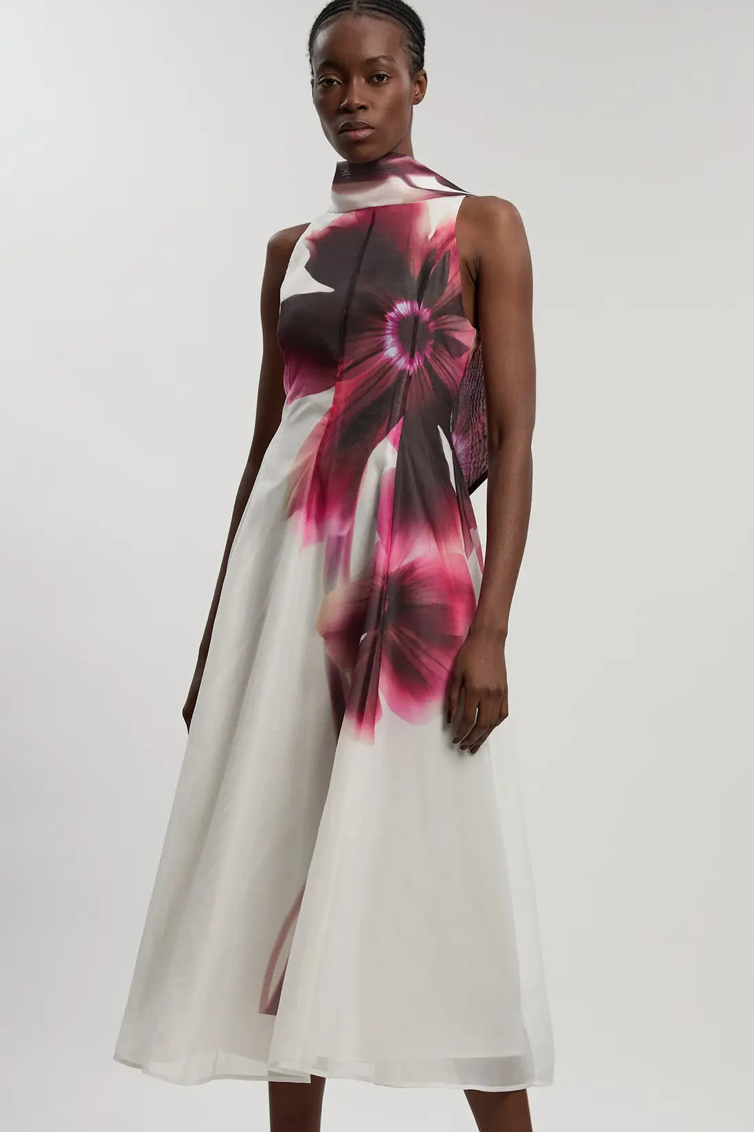 Photographic floral organza scarf detail woven maxi dress | Karen Millen