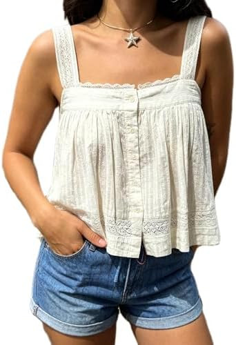 Mxiqqpltky﻿ Womens Eyelet Lace Tank Tops Y2k Sleeveless Flowy Ruffle Vest Summer Boho Button Do... | Amazon (US)