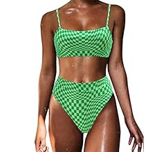 MOSHENGQI Women High Wasited Bikini Shoulder Strap 2 Piece High Cut String Swimsuits | Amazon (US)