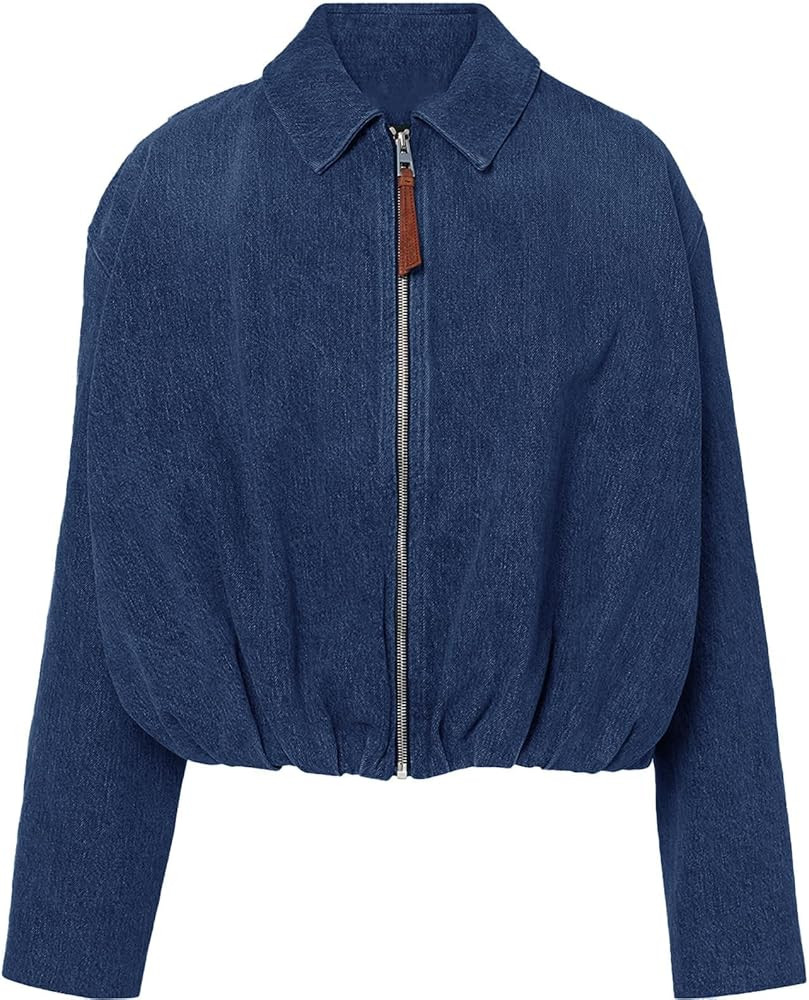 HUEOBIR Women's Denim Bomber Jacket Zip Up Draped Loose Fit Collared Casual Lightweight Trendy Je... | Amazon (US)