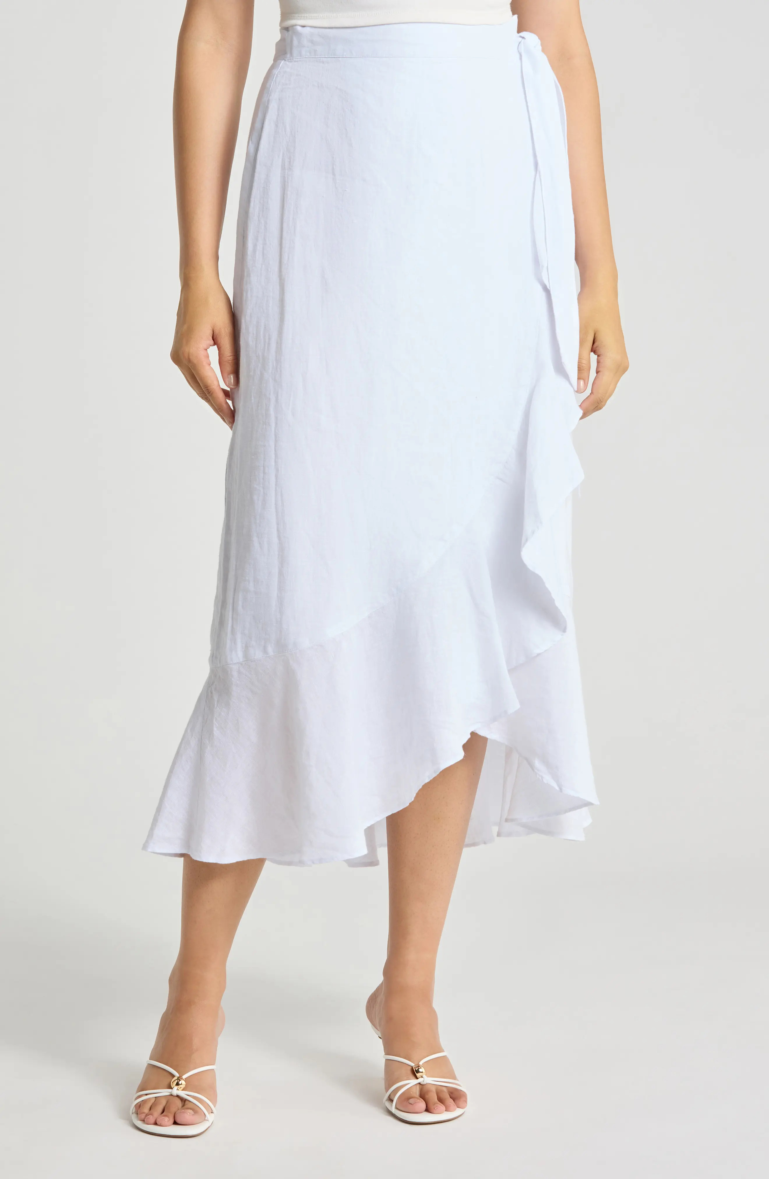 JMCLAUGHLIN Zia Ruffle Trim Linen Wrap Skirt in White at Nordstrom Rack, Size Large | Nordstrom Rack