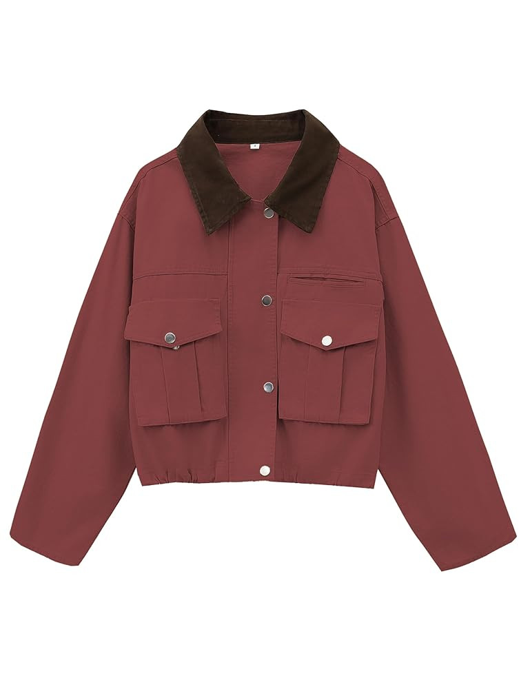 Womens Cropped Jacket Contrast Collar Utility Coat Cargo Jacket Barn Jacket Outwear with Pockets | Amazon (US)