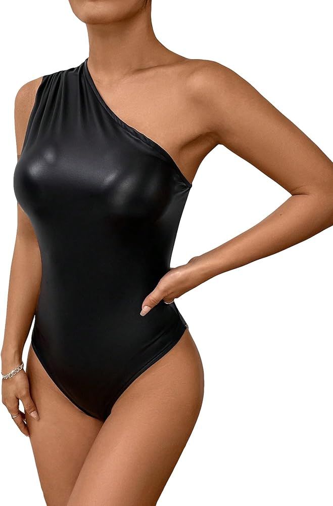 MakeMeChic Women's Casual Faux Leather One Shoulder Bodysuit Asymmetrical Neck Sleeveless Slim Fi... | Amazon (US)