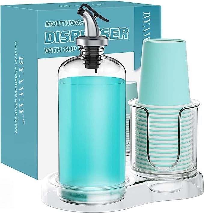 BYAWAY Mouthwash Dispenser for Bathroom with Cup Holder Detchable Glass Mouthwash Container 16 Oz... | Amazon (US)