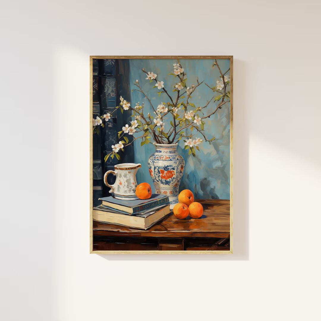 Mediterranean Still Life Vase Art Print Books, Oranges Flowers, Vintage Still Life, Calming Muted... | Etsy (US)