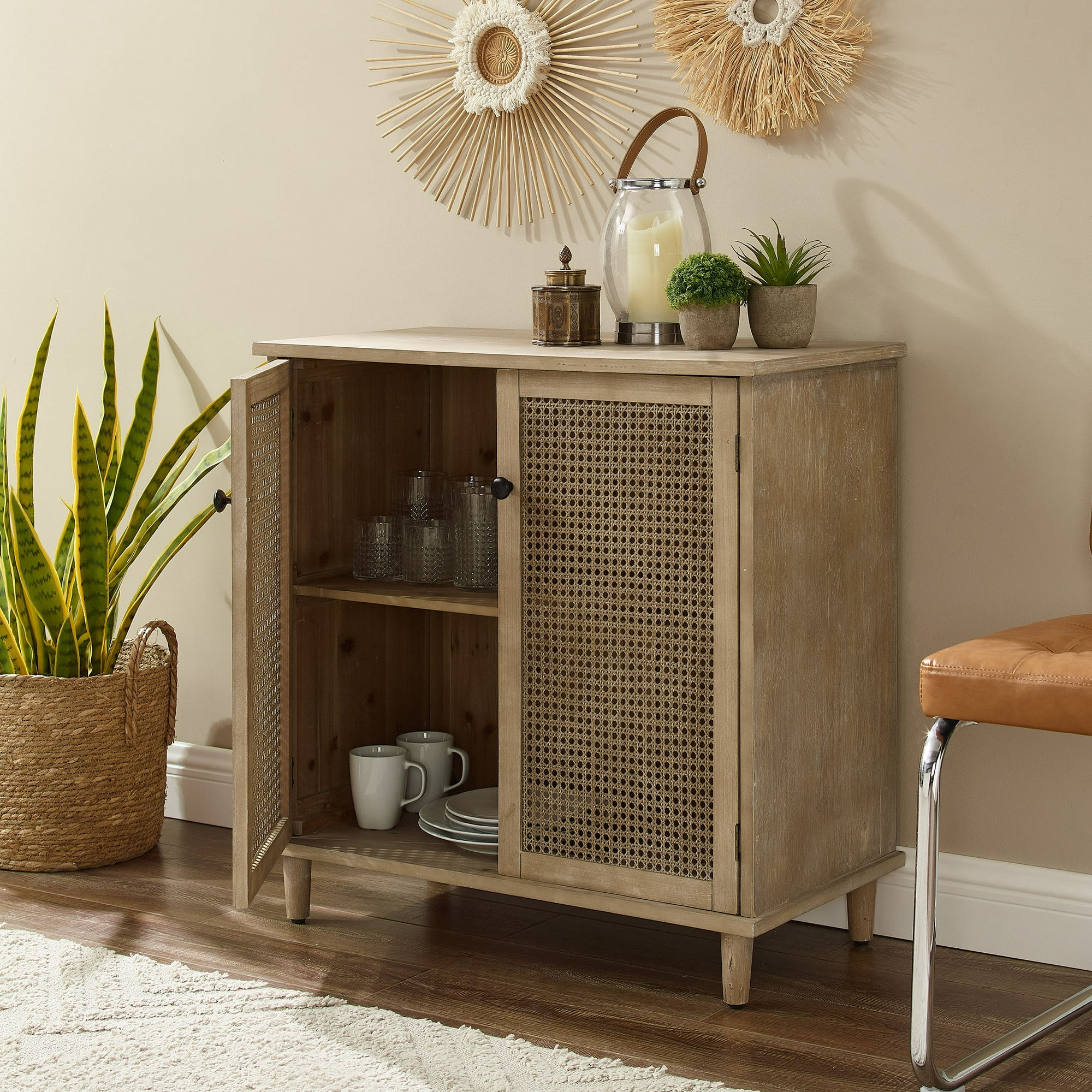 Art Leon Home Accent Cabinet with 2-Door Rattan Decoration Wood Finish Beige | Walmart (US)