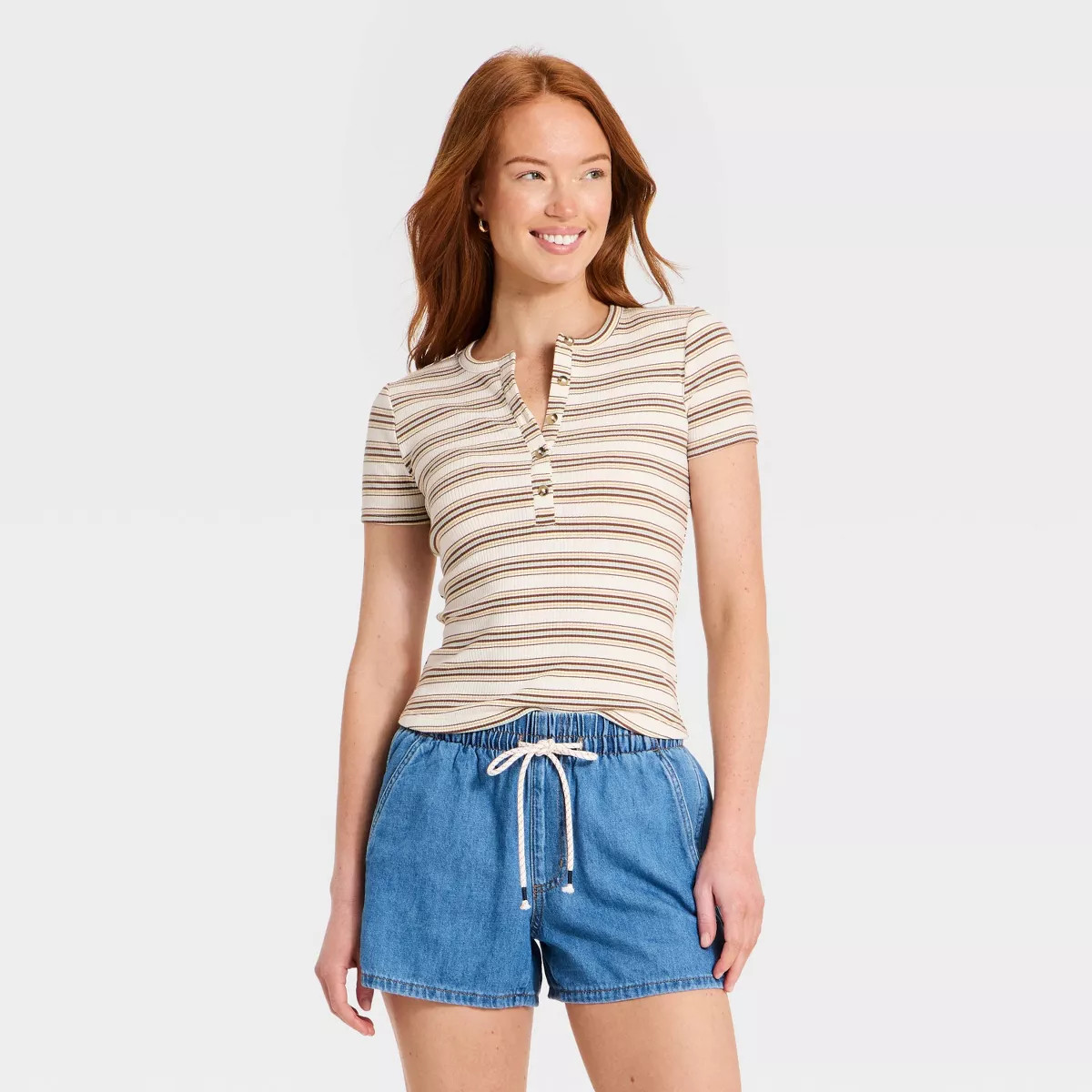 Women's Short Sleeve Split Neck Henley Shirt - Universal Thread\u2122 Multicolor Striped M | Target