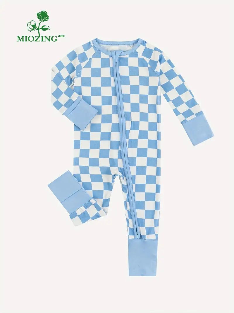 MIOZING Newborn Baby Bamboo Fiber Blue Checkerboard Print Long Sleeve Zipper Bodysuit | Temu Affiliate Program