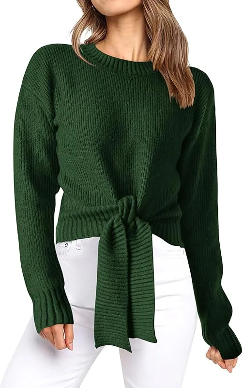 Women's Long Sleeve Cropped Sweaters Casual Knit Pullover Tie Front Crew Neck Fall Outfits Fashio... | Walmart (US)