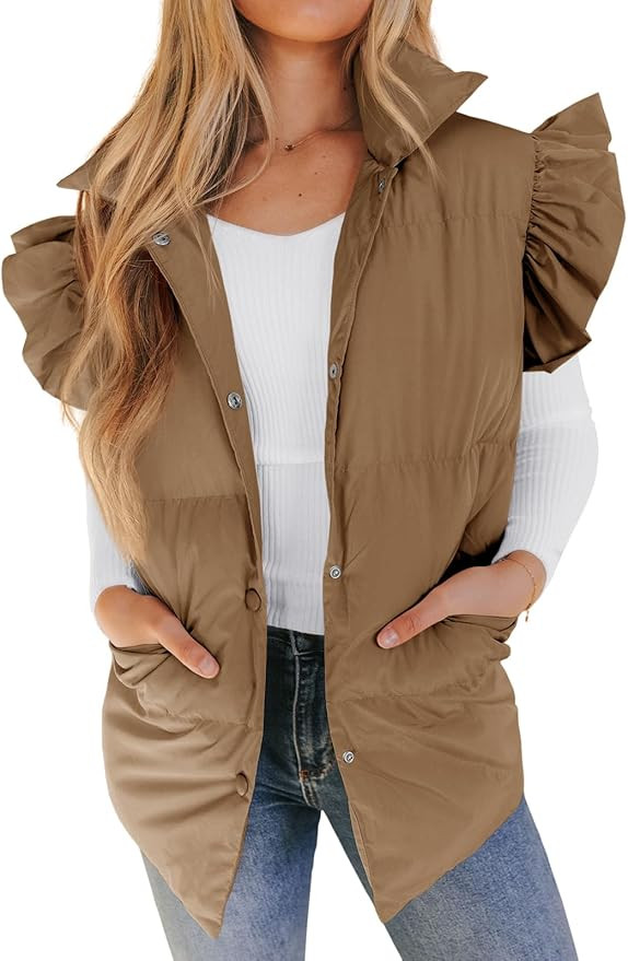 Valphsio Women's Puffer Vests Ruffle Sleeve Winter Button Down Padded Gilet with Pockets | Amazon (US)