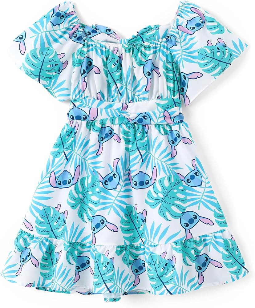 Disney Minnie Mouse Stitch Princess Frozen Elsa Tie Back Dress Ruffle Short Sleeve Summer Little ... | Amazon (US)