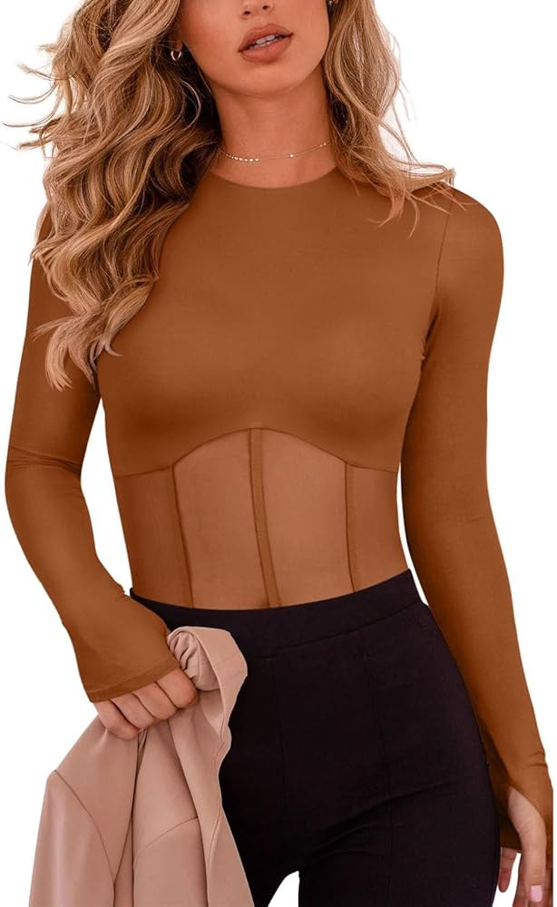 REORIA Women's Trendy Sexy Crew Neck Thumbholes Long Sleeve Sheer Mesh Going Out Bodysuit Tops | Amazon (US)