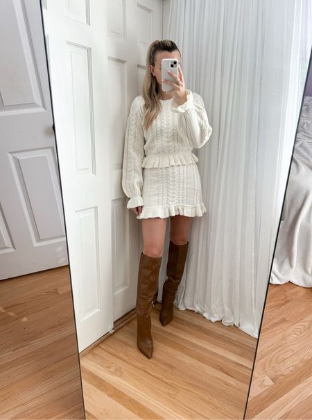 Sunday outfit of the day 🤎🍂 wearing size xs in the skirt & small in the sweater, boots are old Sam Edelman but tagged some similar ones I love that are 52% off right now!! 
Fall fashion, cozy outfit, Pinterest inspired, fall outfits, thanksgiving

#LTKsalealert #LTKCyberWeek #LTKfindsunder100