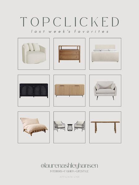 This week’s top clicked items! I have almost all of these items in our home and love! Our primary bed and nightstands, Walmart accent chair, reeded sideboard, oversized lounge chair, pillowsac chair, and Walmart outdoor set! All favorites of mine! 

#LTKStyleTip #LTKHome