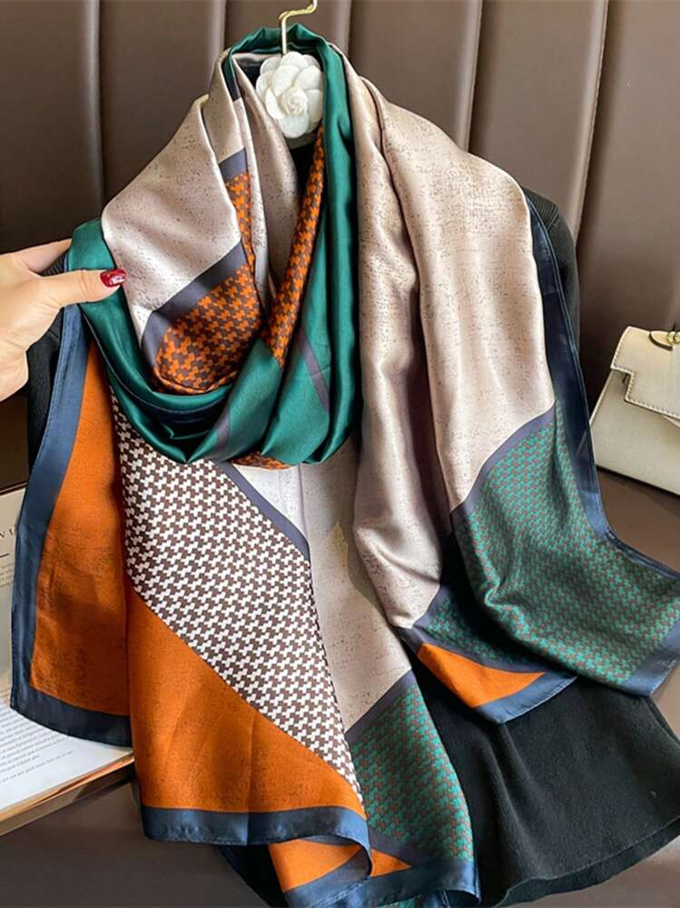 1pc Women Scarf Fashion Color Block Plaid Pattern Satin Lightweight Scarf Shawl, Suitable For Dai... | SHEIN