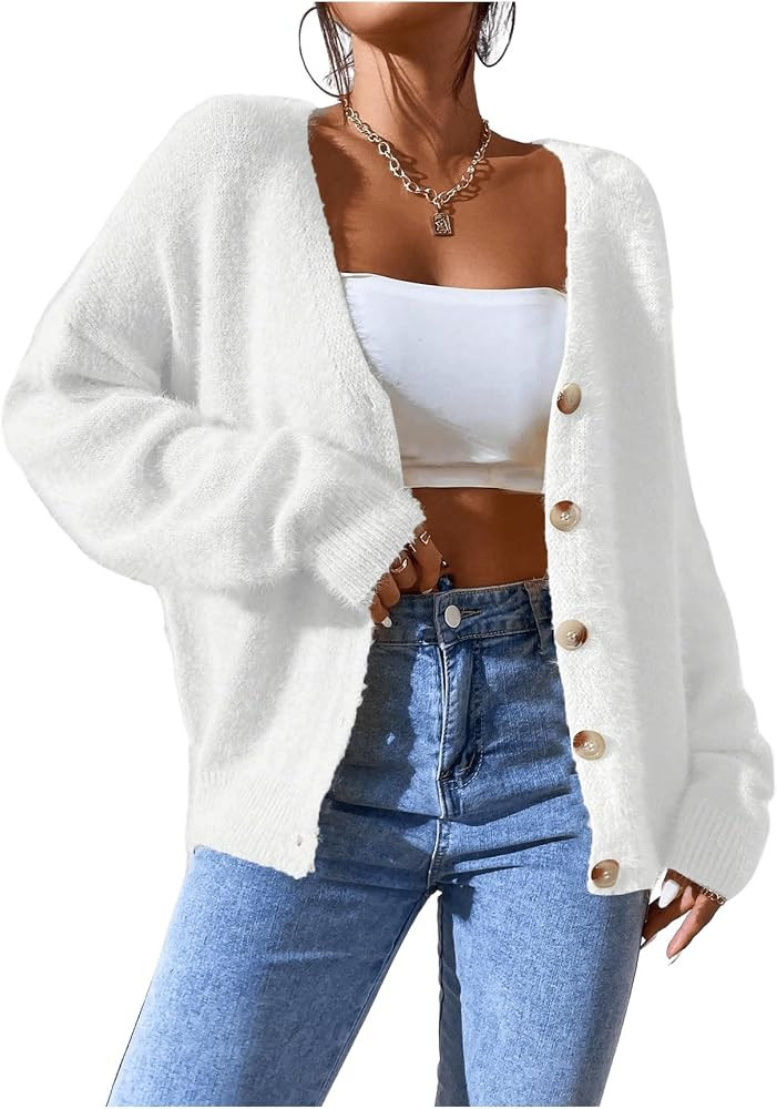 SHENHE Women's Cardigan Sweater Fuzzy Button Down Long Sleeve Open Front Drop Shoulder Cardigan O... | Amazon (US)