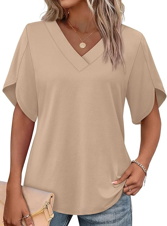 WIHOLL Womens Summer Tops Short Petal Sleeve Shirts Fashion V Neck Womens Clothing | Amazon (US)
