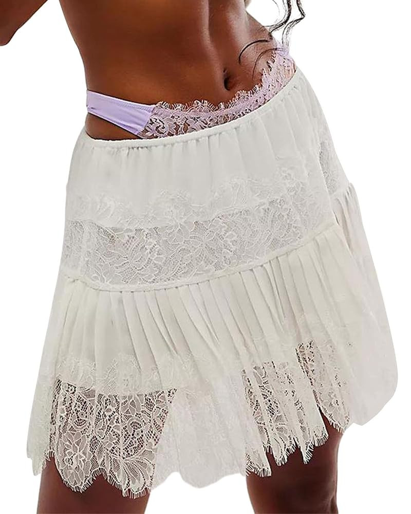 Women Floral Lace Mini Skirt Y2k Low Rise Layered Ruffled Hem Pleated A Line Short Skirt Lace Hal... | Amazon (US)