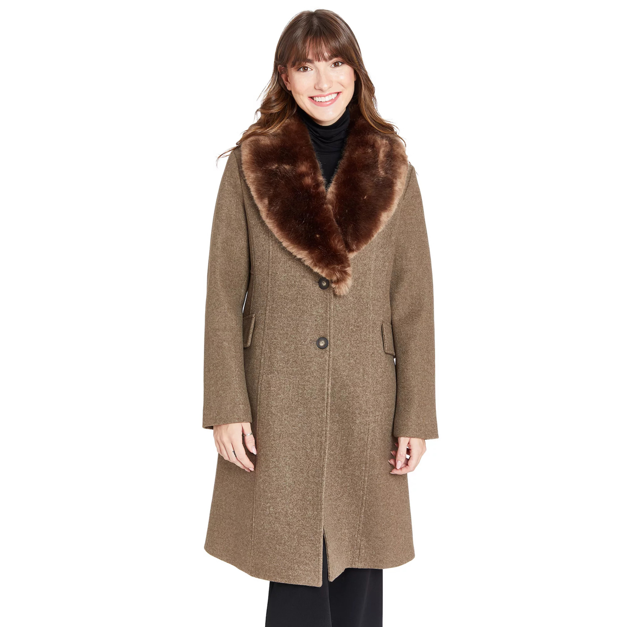 Women's Nine West Faux Fur Collar Button Front Coat | Kohl's