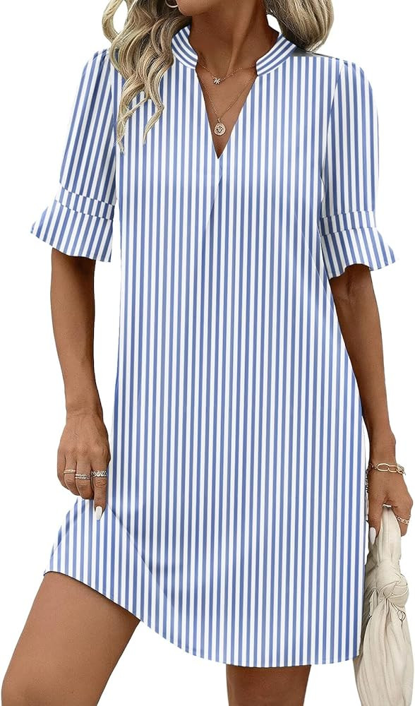 Zeagoo Summer Dresses for Women 2026 V Neck Ruffle Sleeve Loose Shift Dress Hawaiian Sundress Bea... | Amazon (US)