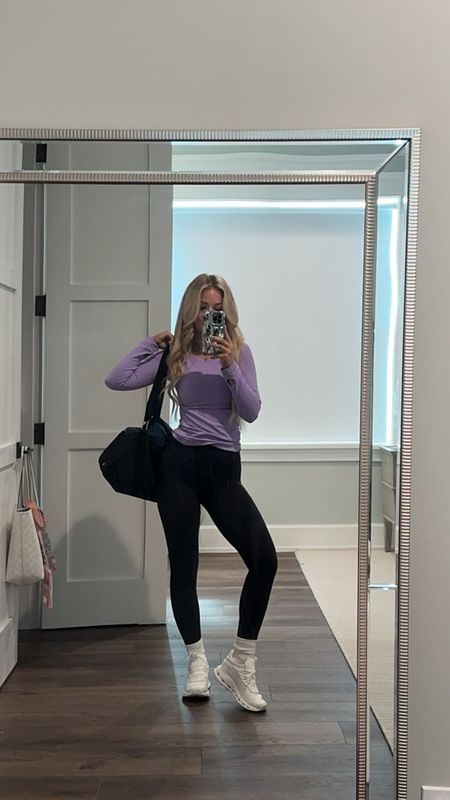 Purple workout top (I sized down one size to XS) + Lulu leggings and On Cloud sneakers 💜