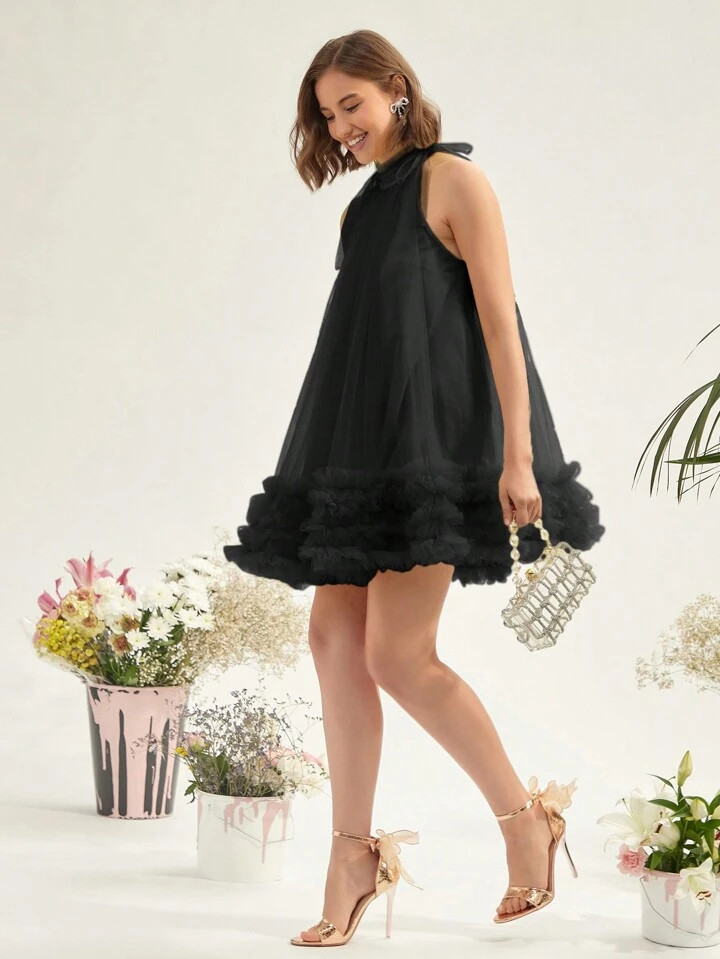 Enchnt Spring/Summer Romantic Women's Multi-Layer Mesh Ruffle Halterneck Dress Tulle Dress,Sweet&... | SHEIN