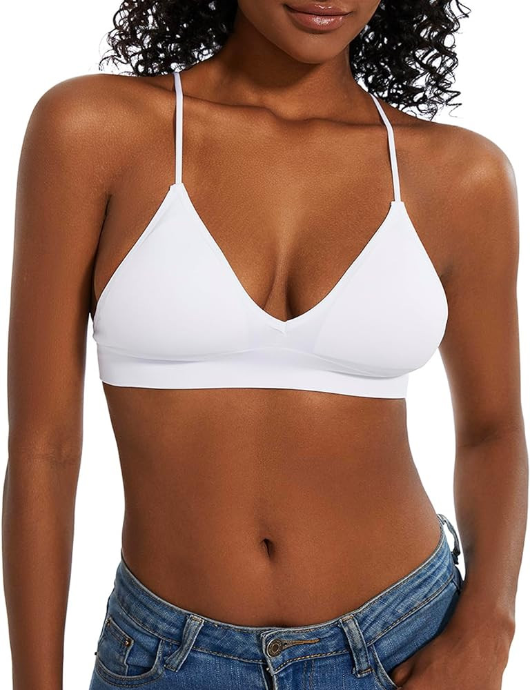 Seamless Bra for Women Low Back Bralette Wirefree Spaghetti Bra with Padded Removeable Beige at A... | Amazon (US)