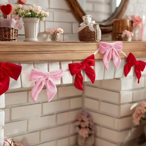 Valentines Day Decorations - 6.5 Ft Pink and Red Velvet Bow Garland - Valentines Day Decor for Ho... | Amazon (US)