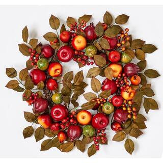 24 in. Artificial Mixed Apple Pomegranate and Leaf Wreath on Natural Twig Base | The Home Depot