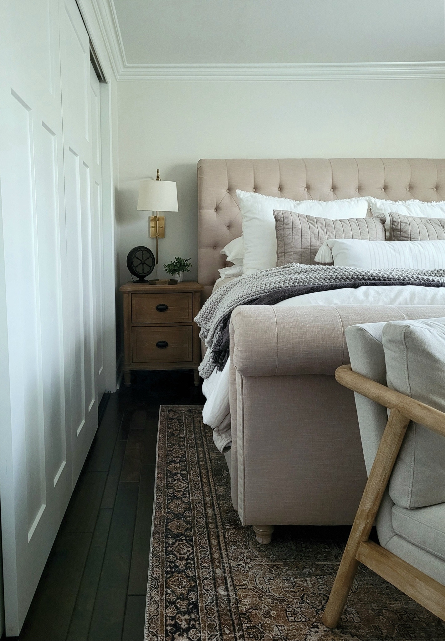 New Year,  new bedding and a gorgeous Amazon home neutral vintage inspired rug for your bedroom! Primary bedroom bedding,  wall lamp,  sconce, nightstand, narrow nightstand, upholstered bed, bedding, comforter, layered bedding 

#LTKStyleTip #LTKFindsUnder100 #LTKHome
