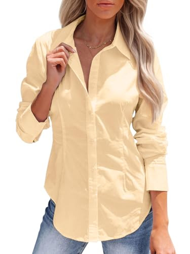 siliteelon Women's Button Down Shirts Long Sleeve Dress Shirts Wrinkle Free Collared Work Office Solid Blouses Corset Tops - Apricot 2XL | Amazon (US)
