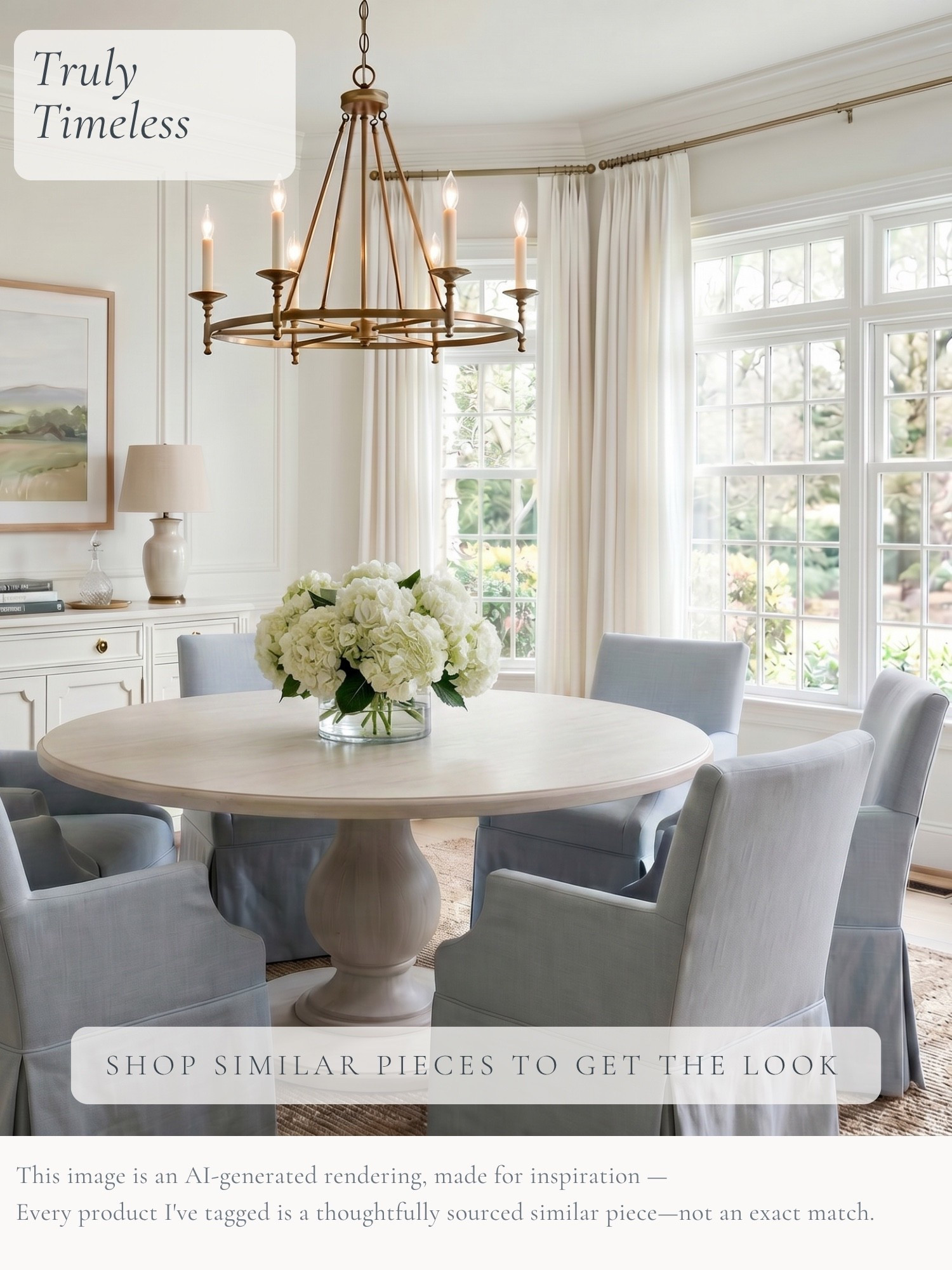 Some rooms just never go out of style. 🤍 A round pedestal table, soft blue slipcovered chairs, warm brass lighting, and simple white drapery come together in a way that feels classic, comfortable, and easy to live with.

I especially love the mix of the relaxed linen chairs with the more polished chandelier—it keeps the room from feeling too formal.

I’ve tagged thoughtfully sourced similar pieces to help you get the look at home.

AI-generated design concept for inspiration • Tagged products are thoughtfully sourced similar pieces, not exact matches • Affiliate links may be used. As an Amazon Associate, I earn from qualifying purchases.

#LTKHome