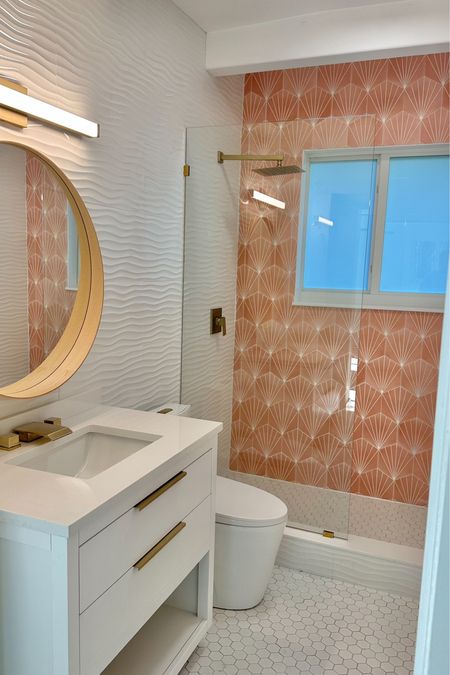 Bathroom remodel
Shell tile
Beach house
Mid century modern bathroom
Small bathroom 
Hexagon tile
White hexagon tile
Pink tile
Vintage tile
White wave wall tile 


#LTKhome #LTKfindsunder100 #LTKsalealert