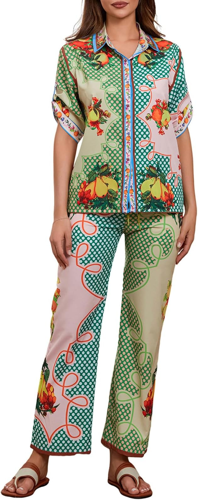 Yuemengxuan Women 2 Pieces Graffiti Pants Sets Short Sleeves Button Shirt Matching Wide Leg Pants... | Amazon (US)