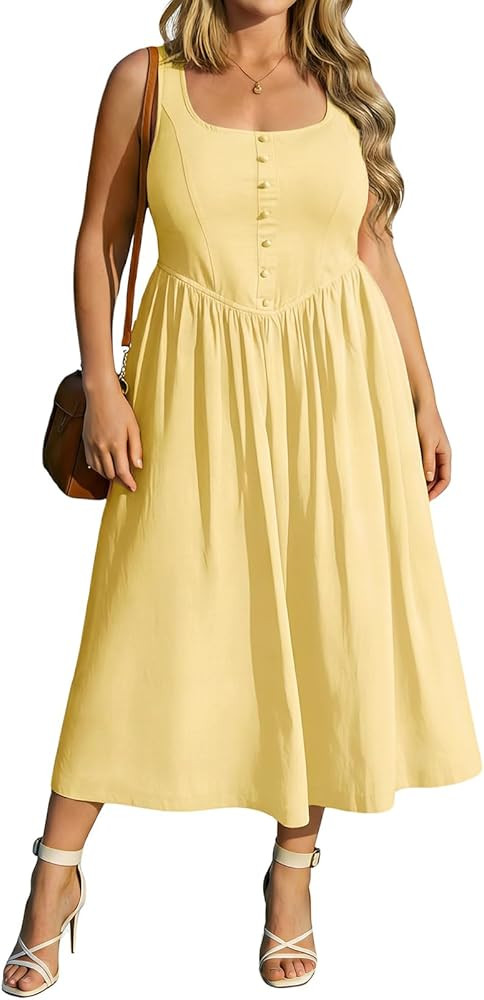 RITERA Plus Size Light Yellow Summer Dresses for Curvy Women Maxi Square Neck Sleeveless Casual B... | Amazon (US)