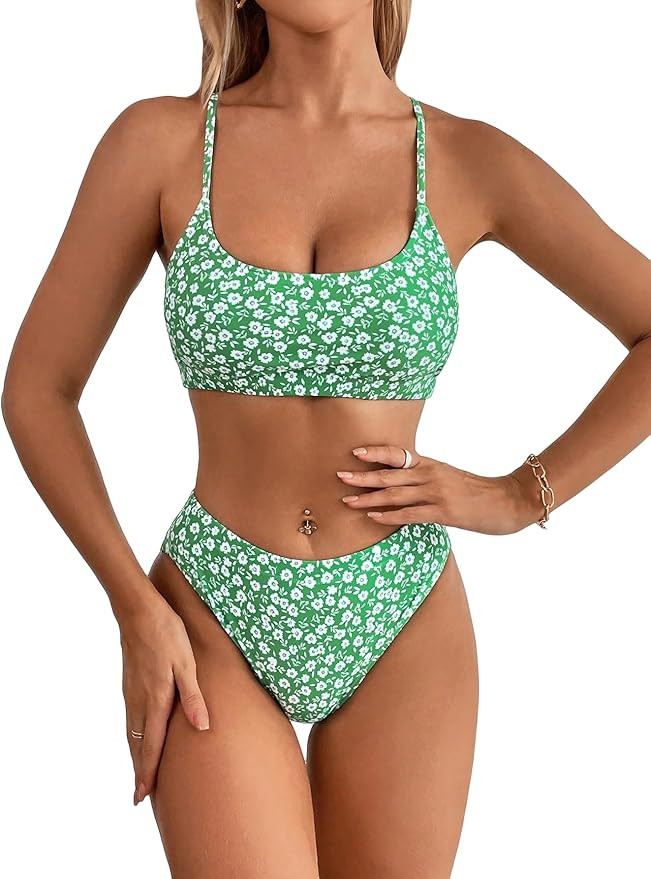 SweatyRocks Women's 2 Piece Bikini Set Ditsy Floral Print High Cut Bathing Suit Beachwear | Amazon (US)