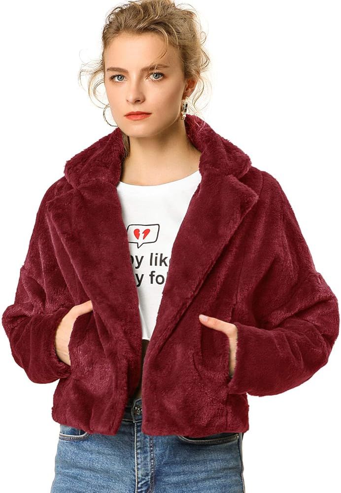 Women's Autumn Winter Cropped Jacket Notch Lapel Faux Fur Fluffy Coat | Amazon (US)