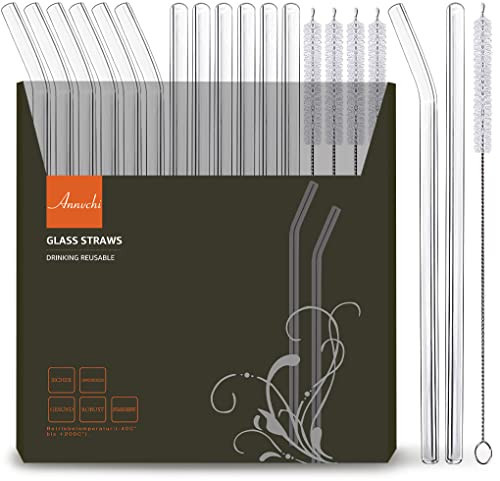 Reusable Drinking Straws Glass Clear 12-Pack, with 4 Cleaning Brush Size 8.5''x10 MM Set of 6 Straight and 6 Bent - Perfect for Cocktail Glass, Smoothies, Tea, Juice, Milkshakes | Amazon (US)