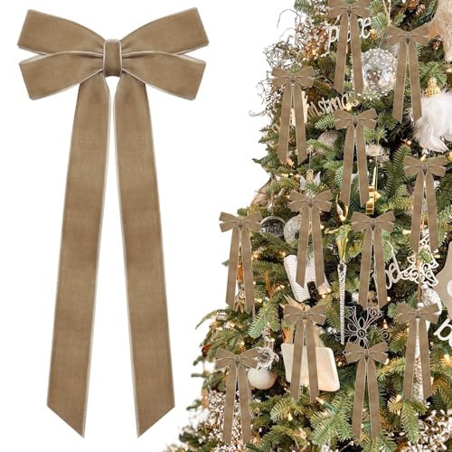 12Pcs Neutral Velvet Ribbon Bows Christmas Tree Decorations,5in x 10in Vintage Xmas Ornaments for Tree Home Party Front Door Wreath Garland Holiday Decor | Amazon (US)