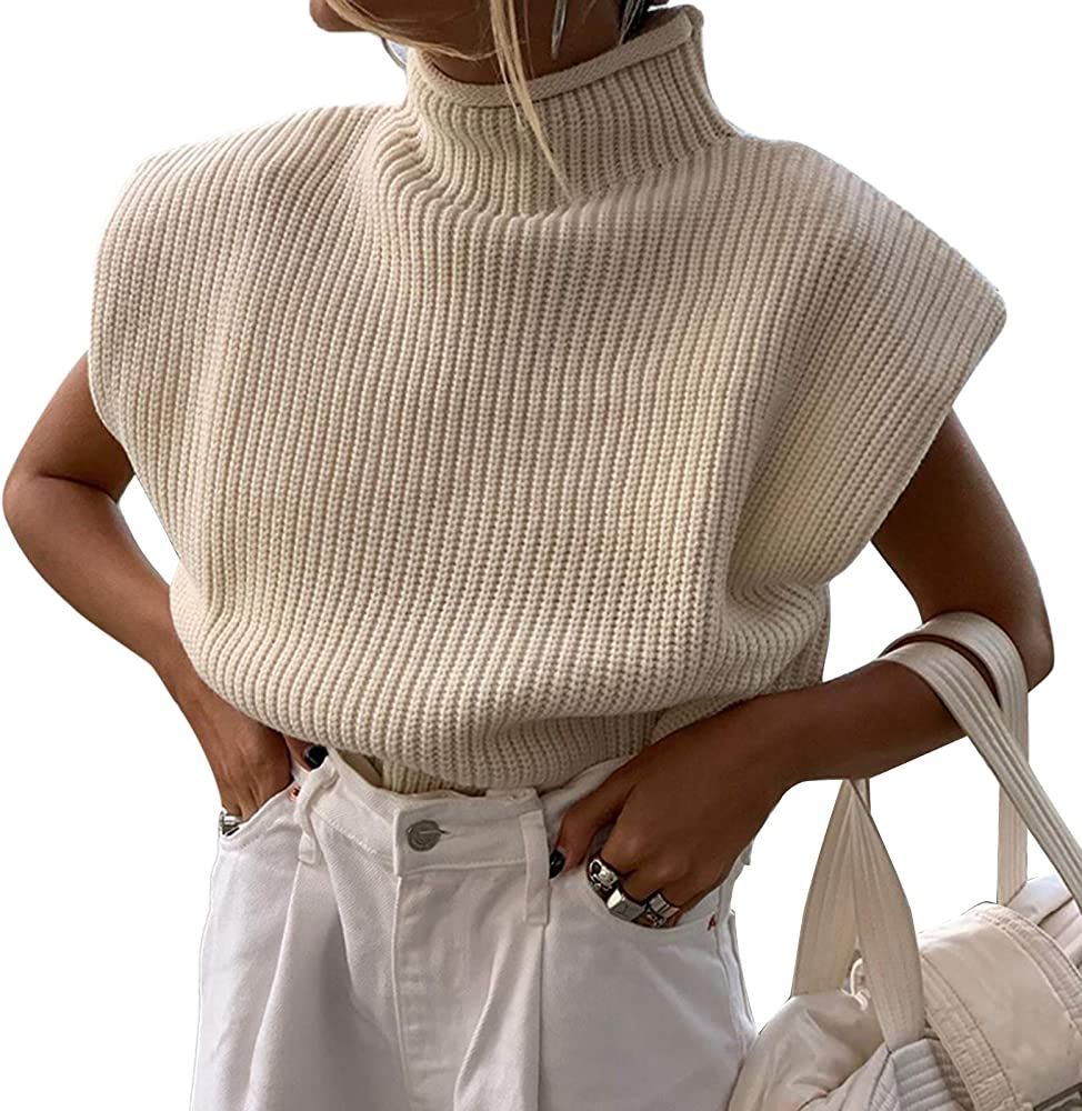 Women Shoulder Pad Sweater Top Sleeveless Turtleneck Pullover Vest Wide Shoulder Knitted Jumper T... | Amazon (US)