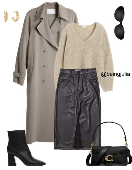 Fall outfit inspiration - details below:
-Oak + Fort oversized trench coat
-H&M oversized mohair blend sweater in tan
-Abercrombie vegan leather black midi skirt 
-Mango black pointed ankle boots
-Coach tabby bag in black
-Celine Triomphe 52mm sunglasses in black acetate 
-Mejuri croissant dome hoop earrings in gold 



#LTKstyletip #LTKFind #LTKSeasonal